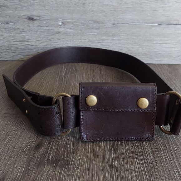 Brown Leather Belt With Attached Mini Waist Bag 46" Length - Picture 1 of 6